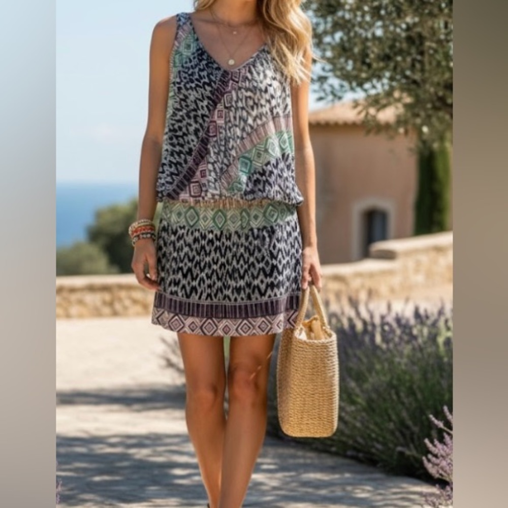 Plenty By Tracy Reese sleeveless mini dress geometric print lined v-neck, back M